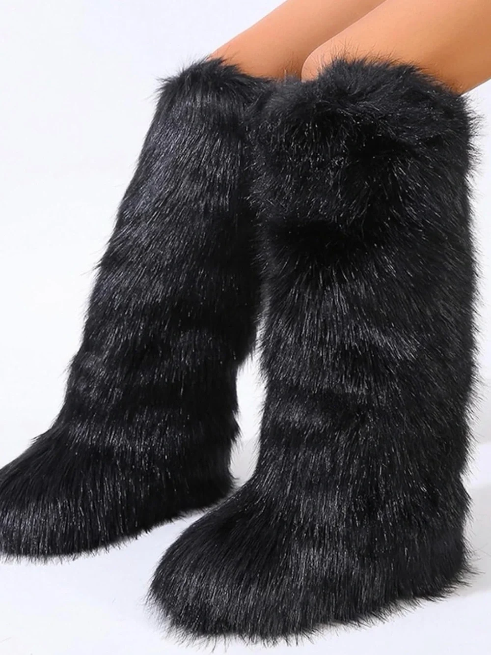 New Black Faux Fur Knee High Boots